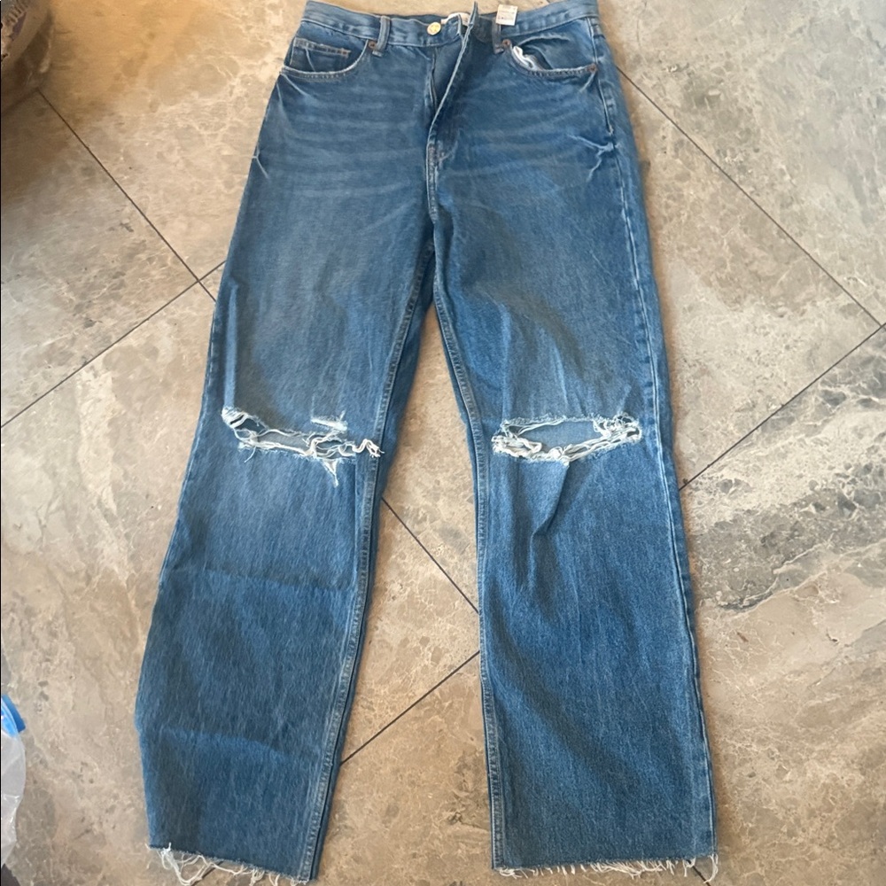 Zara Blue Straight Leg Distressed Jeans